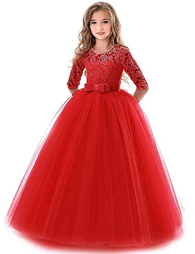 IBTOM CASTLE Blumensmädchenkleid Prinzessin Festliches Kinder Mädchen Kleid Festzug Kleider Hochzeit Partykleid rot 9-10 Jahre