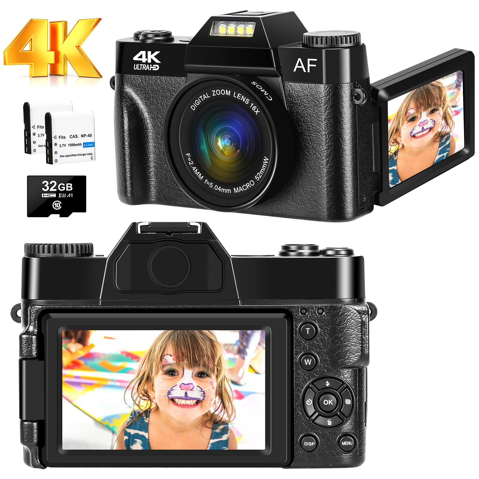 JHAMAL Digitalkamera AutoFocus 4K 48MP Fotokamera 16X Digitalzoom Kompaktkamera 3,0 Zoll 180 Grad Drehung Flip Screen Kamera für Anfänger Erwachsene 32GB Micro SD Karte