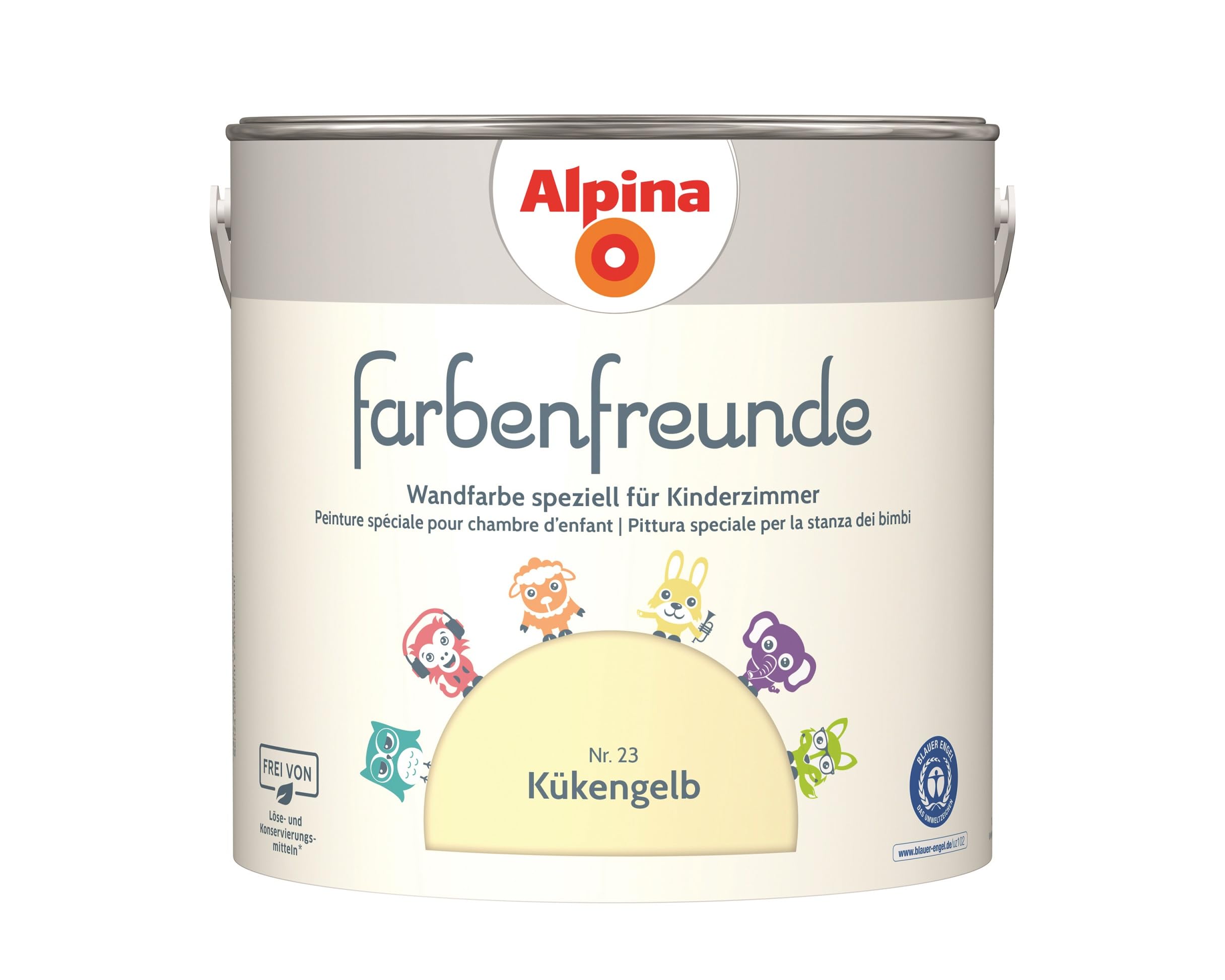 Alpina Farbenfreunde – Nr. 23 Kükengelb – Wandfarben speziell für Kinderzimmer – frei von konservierungs- und lösemittelfrei – für ein gesundes und behagliches Raumklima – 2,5L