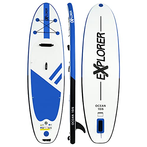 SUP Board 320cm (aufblasbar/ISUP) Explorer Ocean Komplettset mit Paddel, Leash, Kajaksitzvorbereitung, Doppelhubpumpe, Tragetasche - TOP Set für Einsteiger und Fortgeschrittene (blau weiß)