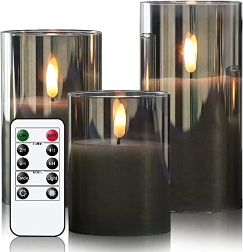 Eldnacele Graue flammenlose Kerzen aus Glas, flackernd mit Fernbedienung, 3D-Docht, batteriebetrieben, realistisches, warmes Licht, Kerze mit Timer, Set von 3