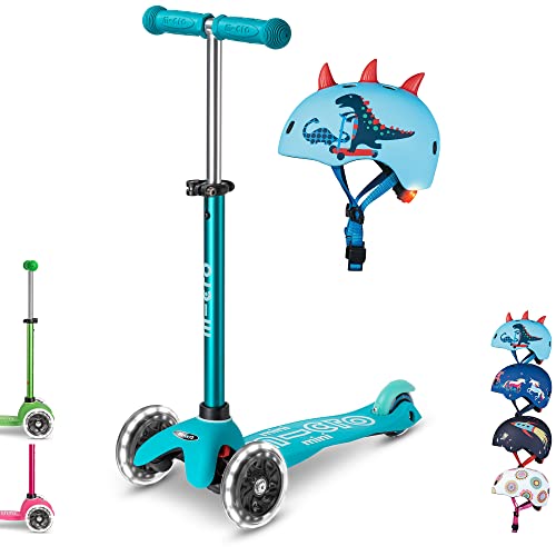 Mini micro™ Deluxe LED | Das ORIGINAL | Kinder Roller ab 2 Jahren | inkl. zertifiziertem Helm (Roller: Aqua/Helm: Scootersaurus, M)