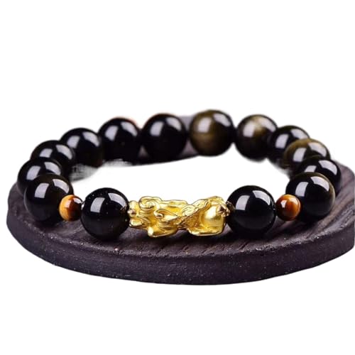 ECOLFE Armband, Geschenke für ihn, Feng Shui Armband vergoldet 3DPiyao Naturgold Obsidian runde Perle Kristall Armreif Geld Wohlstand 12 mm (Color : Golden_14mm)