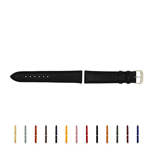 SELVA Uhrenarmband, 14-24 mm, Leder, zum Wechseln, Ersatzarmband für Smartwatch, made in Germany, Größe:22 mm, Farbe:Schwarz mit silberner Schließe