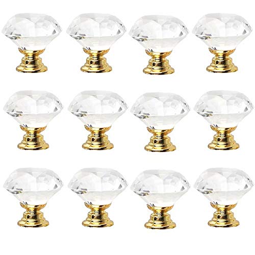 12 STÜCKE Diamant Kristallglas Zuggriff Schrankknöpfe Schrank Schubladen Schrank Kommode Bücherregal Kleiderschrank (Golden,40mm)