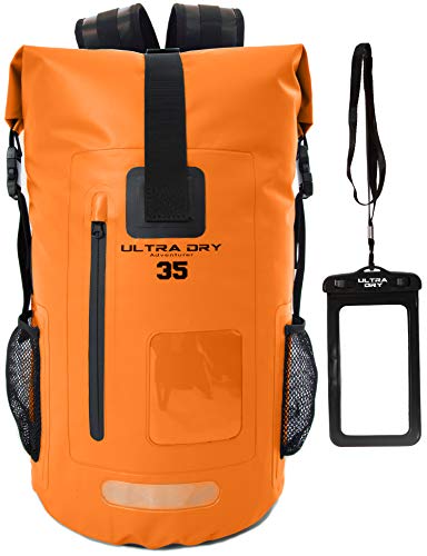 Premium-Rucksack, wasserdicht, 35 Liter, mit wasserdichtem Handybeutel, perfekt für Boot-/Kajak-/Kanufahren, Angeln, Rafting, Schwimmen, Camping, Snowboarden., Orange, 35 L