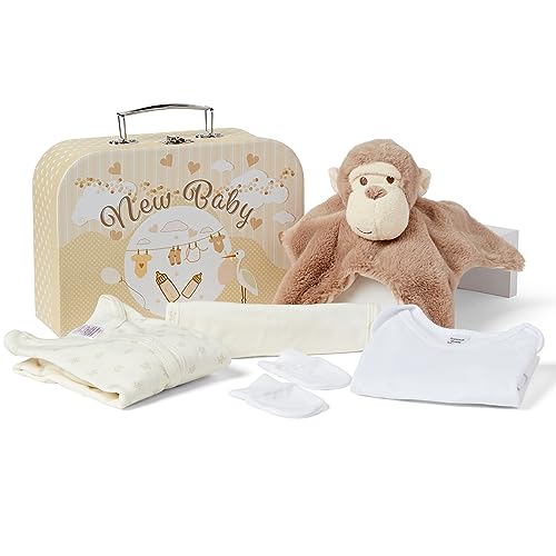 Baby-Geschenk-Set – neutrale Geschenkbox, mit Babyzubehör, inklusive Schmusetuch, Body, Schlafanzug, Baumwoll-Lätzchen und Fäustlinge