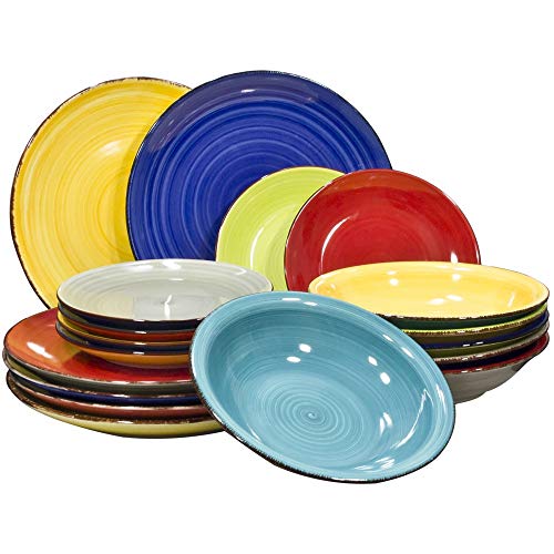 18-tlg.Teller-Set für 6 Personen - buntes handbemaltes Geschirr-Set - Dinner-Set - Porzellan Tafelservice 6 x Desserteller - 6 x Suppenteller - 6 x Speiseteller Farbe Malaga