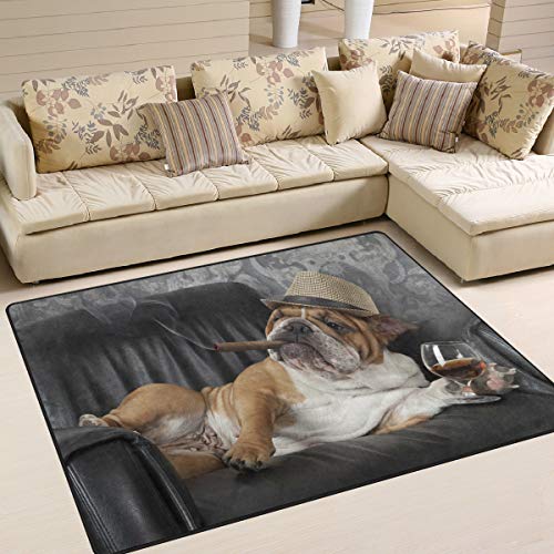 Use7 Teppich mit süßer Bulldogge mit Zigarre und Glas von Cognac, für Wohnzimmer, Schlafzimmer, 160 cm x 122 cm