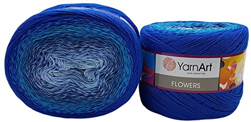 YarnArt Flowers 500 Gramm Bobbel Wolle Farbverlauf, 55% Baumwolle, Bobble Strickwolle Mehrfarbig (blau türkis 299)