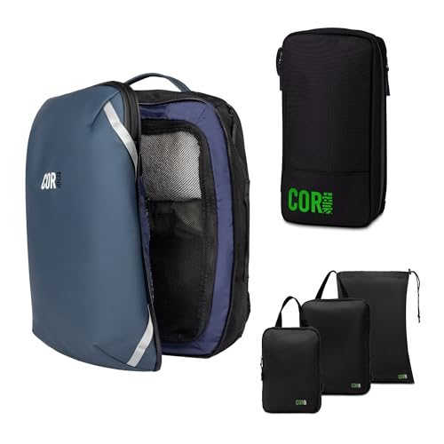 Travel Backpack Bundle | Island Hopper Reiserucksack mit Kulturbeutel und Kompressions-Verpackungswürfel-Set (40 l, Marineblau)