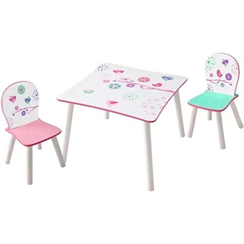 Worlds Apart Blumen und Vögel - Set aus Tisch und 2 Stühlen für Kinder, Holz, White And Pink, 63 x 63 x 52.5 cm