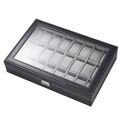 HAC24 Uhrenbox für 24 Uhren Armbanduhren mit Sichtfenster samt grau schwarz Leder Optik abschließbar