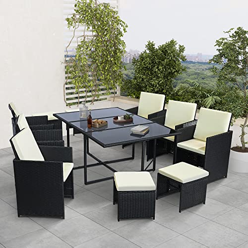 Ribelli 11-teiliges Gartenmöbel Set, Lounge Set, Kissen - aus PE-Rattan - Tisch Plus sechs Stühle und Vier Hocker praktisch zu verstauen, Farbe:schwarz/Cream