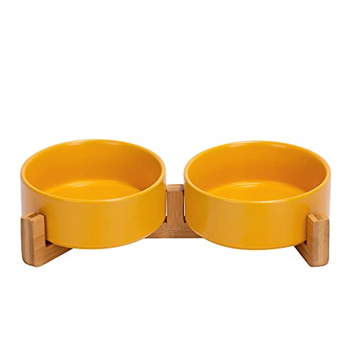 SPUNKYJUNKY Keramik Doppel Hund Futternapf mit Bambus Ständer für Katzen und Hunde (400ml, Gelb)