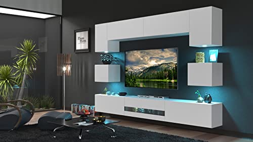 Furnitech BESTA Möbel Schrankwand Wandschrank Wohnwand Mediawand mit Led Beleuchtung Wohnzimmer (LED blau, DAN1-17W-M8-1B Matt)