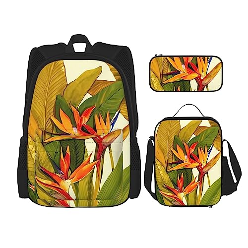 PartyUnix Rucksack mit tropischen Blumendrucken, 3-teilig, Schulranzen mit Brotdose und Federmäppchen, geeignet für Jungen und Mädchen, Schwarz , Einheitsgröße, Kinderrucksack