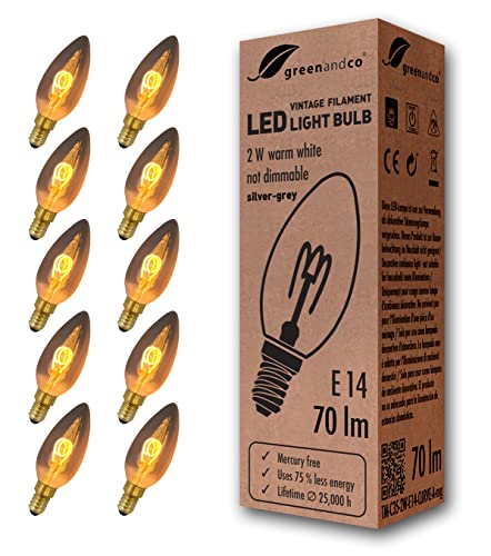 10x greenandco® Vintage Glühfaden LED Kerze silbergrau ersetzt 8W E14 2W 70lm 2200K extra warmweiß 360° 230V nicht dimmbar 2 Jahre Garantie