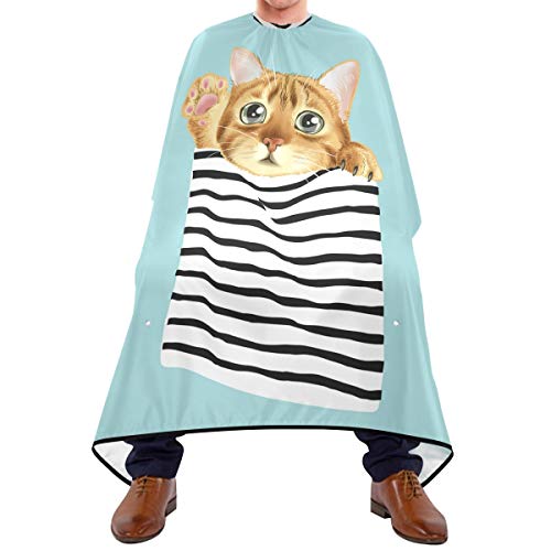 Shaving Beard Hairdressing Haircut Capes - Cute Cat In Stripe Pocket Professional Waterproof with Snap Closure Adjustable Hook Unisex Hair Cutting Cape