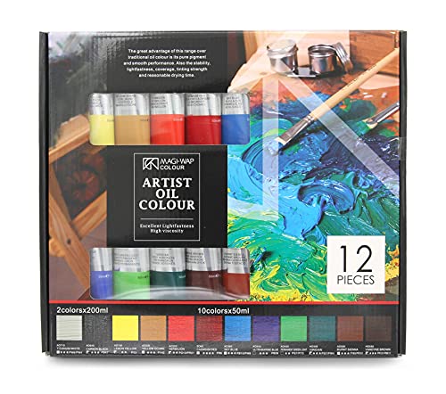 Magi Studio Ölfarben 10x50ml + 2x200ml, Set mit 12 Farbtönen feine Ölfarbe