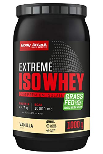 Body Attack Extreme Iso Whey, Whey Protein Pulver zum Muskelaufbau aus 100% irischer Weidemilch, fettarmes Eiweißpulver ohne Aspartam (Vanilla, 1 kg)