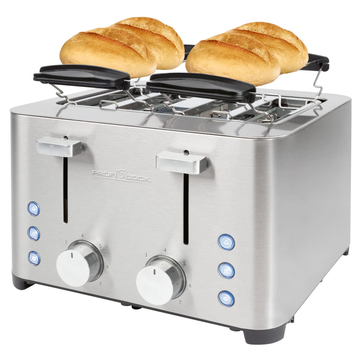 ProfiCook Toaster, Toaster 4 Scheiben, mit 2 getrennten Bedienelementen, Auftau-, Aufwärm-/ Schnellstoppfunktion, Toaster mit Brötchenaufsatz, Toaster Edelstahl, PC-TA 1252