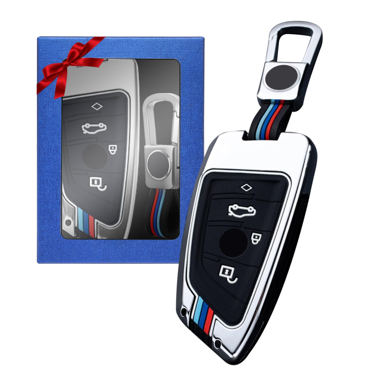 Yumzeco Zinklegierung Autoschlüssel Hülle Keyless Kompatibel mit BMW 2 3 5 7 Serie X1 X2 X3 X5 X6 Schlüsselhülle mit Silicone TPU Schlüssel Cover Schutzhülle mit Schlüsselanhänger Silber