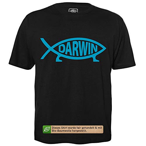 Darwin Fisch - Herren T-Shirt für Geeks mit Spruch Motiv aus Bio-Baumwolle Kurzarm Rundhals Ausschnitt, Größe L