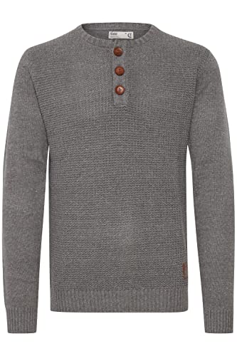 !Solid Terrance Herren Strickpullover Feinstrick Pullover Mit Rundhals Und Knopfleiste, Größe:XL, Farbe:Grey Melange (8236)