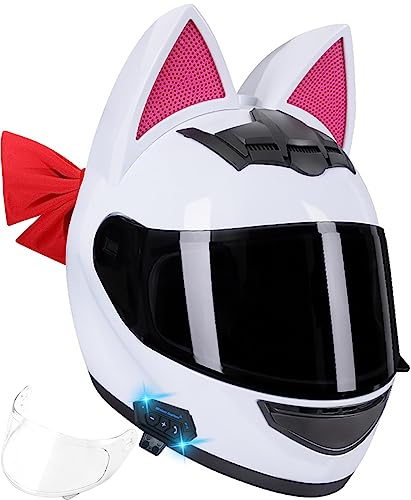 Bluetooth-Helm Für Mädchen Damen-Katzenohren-Integral-Motorradhelm Herausnehmbares Innenfutter Mit Bluetooth-Katzenohren-Integralhelm Für Straßenrennen Motocross DOT/ECE-Geprüft 9,S(50-53CM)