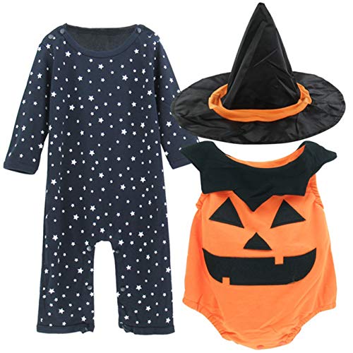 MOMBEBE COSLAND Baby Halloween Kostüm Hexe Kürbis Strampler Set (6-12 Monate, Orange)