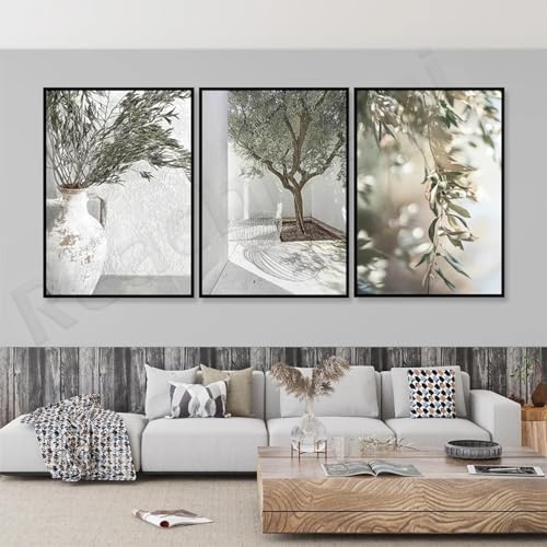 Olivenbaum, Olivenzweig-Druck, mediterrane Wandkunst, botanischer Druck, minimalistischer moderner Stil, Gourmet-Dekor-Poster 30 x 45 cm x 3, ohne Rahmen