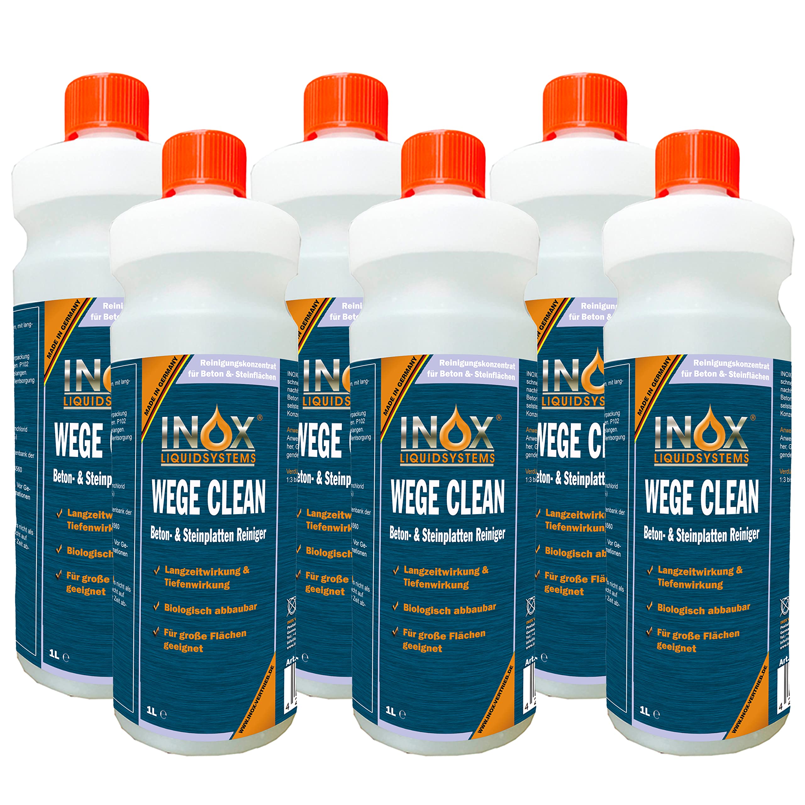 INOX® - Effektiver Wege Clean Konzentrat 6 x 1L | Steinreiniger intensiv außen | Grünbelagentferner Konzentrat, Algen-, Flechten- und Moosentferner | Reinigt Stein, Beton, Fliesen & Fassaden