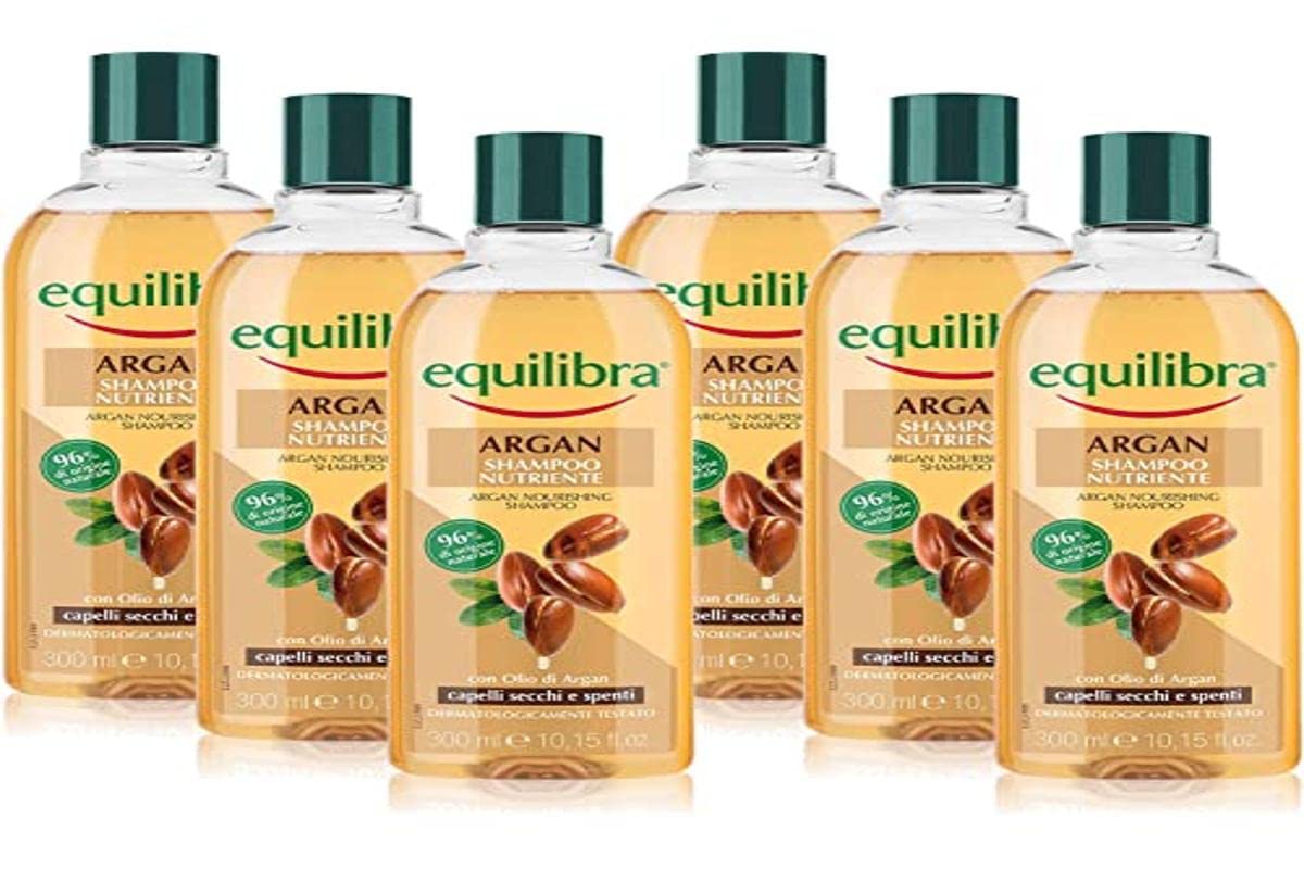 Equilibra Argan-Shampoo, pflegendes Shampoo für trockenes und stumpfes Haar, pflegende Wirkung, mit Arganöl, 96% Inhaltsstoffe natürlichen Ursprungs, 6 Stück x 300 ml