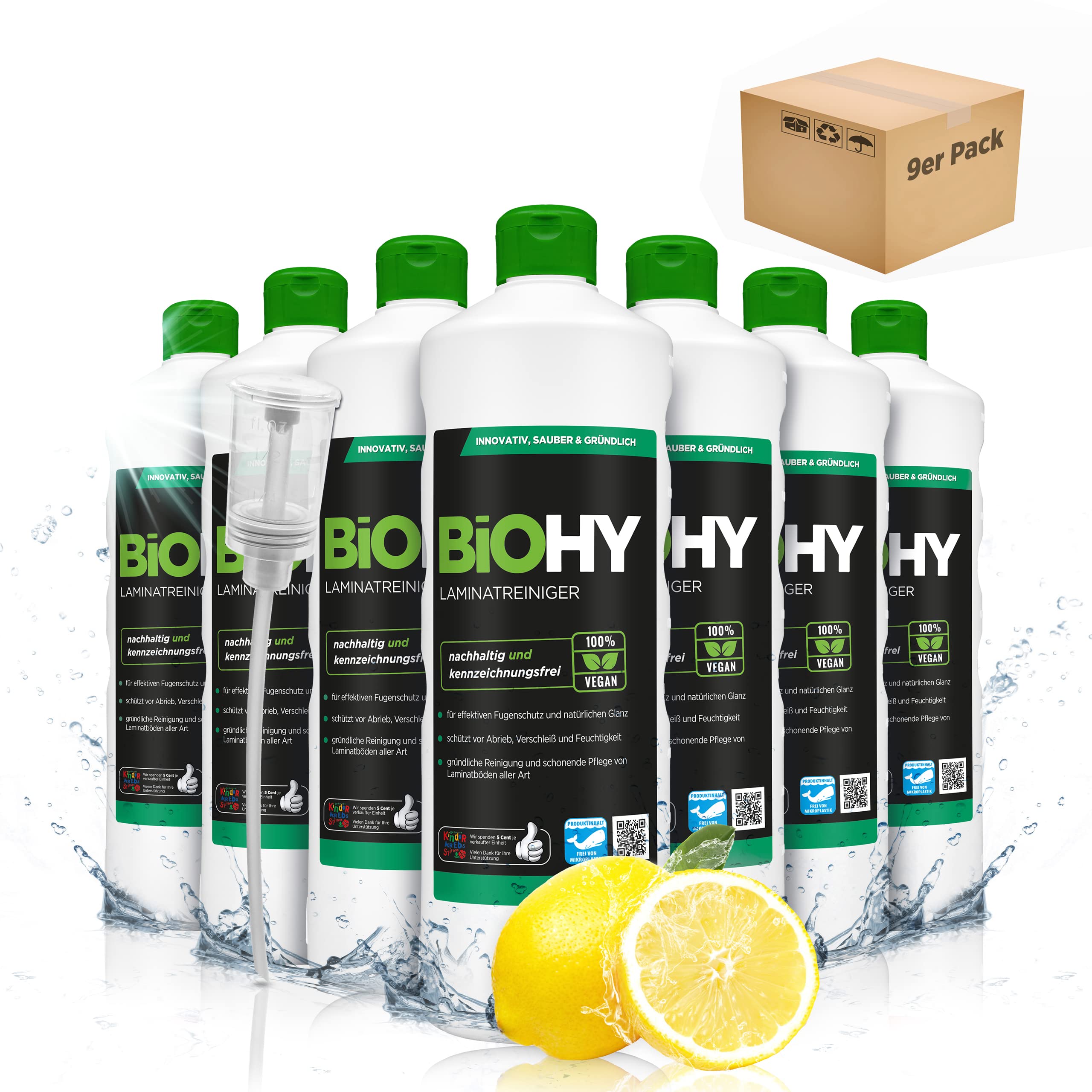 BiOHY Laminatreiniger (9 x 1 Liter) + Dosierer | 2 in 1 Laminatpflege & Reinigungsmittel | reinigt gründlich, schonend & reduziert Wiederverschmutzung | für eine streifenfreie Reinigung
