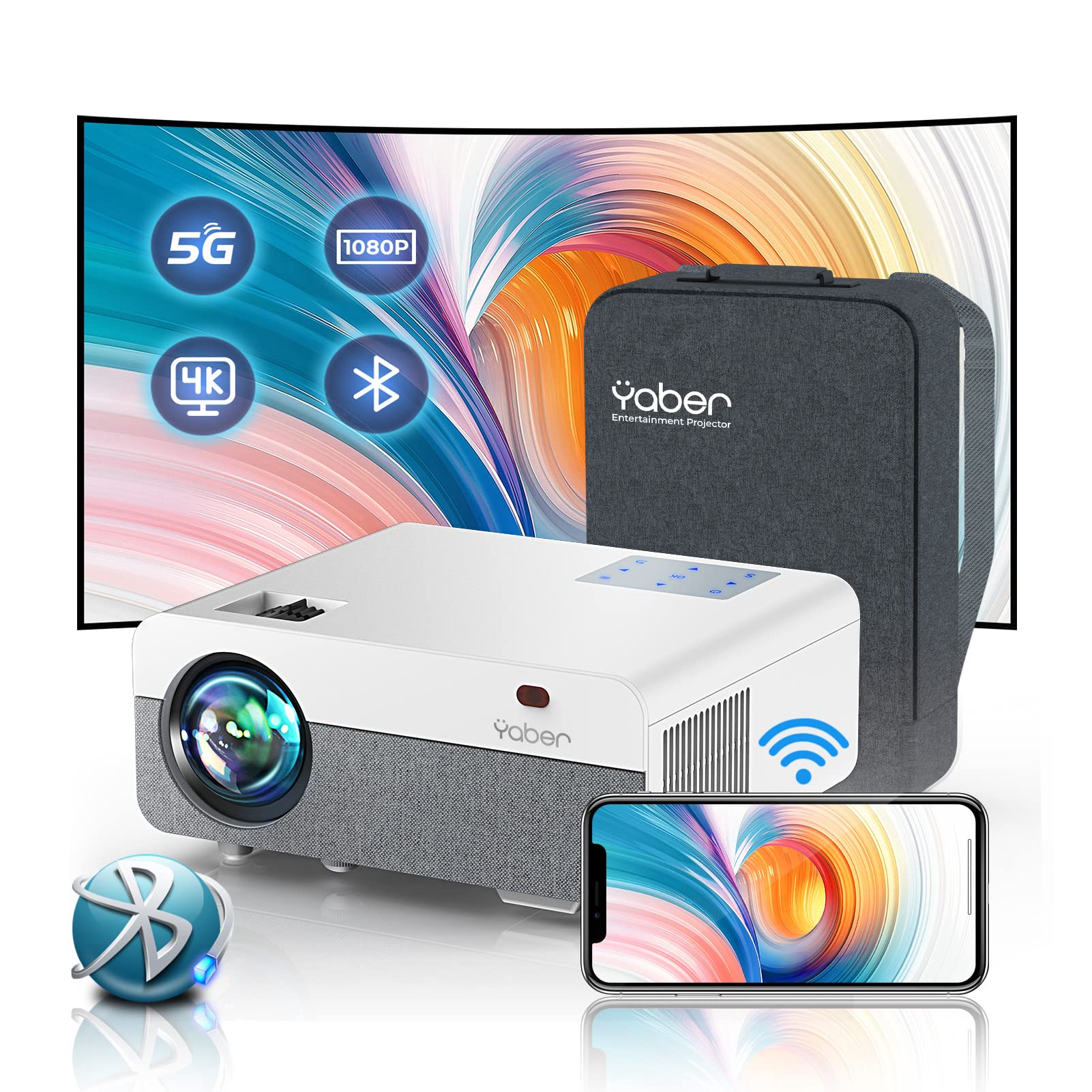 Beamer, YABER Beamer Full HD 1080P Native, 5G WiFi Bluetooth Projektor 9500 Lumen Unterstützung 4k, 4P/4D Trapezkorrektur, -50% Zoom, LED Heimkino Video Beamer für IOS/Android/TV Stick/PS5