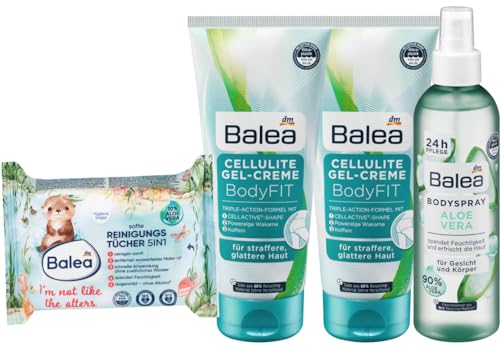 Balea 4er-Set Hautpflege: Softe Reinigungstücher I'M NOT THE LIKE THE OTTERS (25 St) + Bodycreme CELLULITE Gel-Creme für straffere, glattere Haut (2 x 200 ml) + Bodyspray ALOE VERA (200 ml), 600 ml