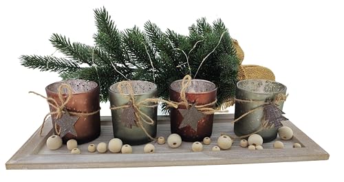 MC-Trend Teelichthalter mit 4 Gläsern und Deko Holzperlen in braun und grün 40 cm Weihnachtsdeko aus Holz & Glas Tischdekoration Adventskranz Kerzen Weihnachten Tannenbaum Stern