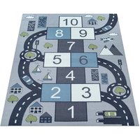 Paco Home Kinderteppich Spielteppich Grau Blau Hüpfkästchen Straßen Design, Grösse:300x400 cm
