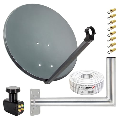 PremiumX Satelliten-Komplettanlage 80cm Satellitenschüssel ALU Quad LNB 50m Kabel F-Stecker 45cm Wandhalter, SAT bis 4 Teilnehmer