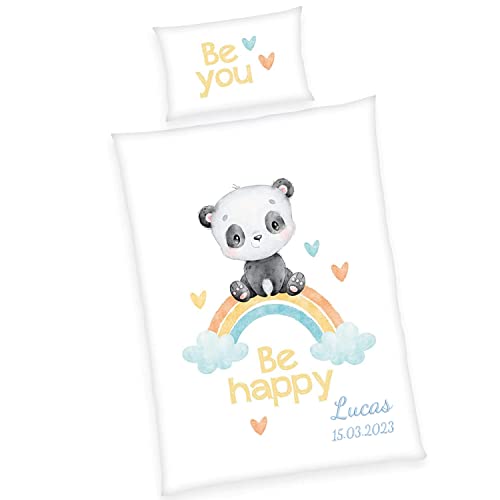 Wolimbo Bettwäsche - Regenbogen Panda Be Happy - personalisierbar - 100 x 135 cm - Babybettwäsche - Kinderbettwäsche - 100% Baumwolle - Weich