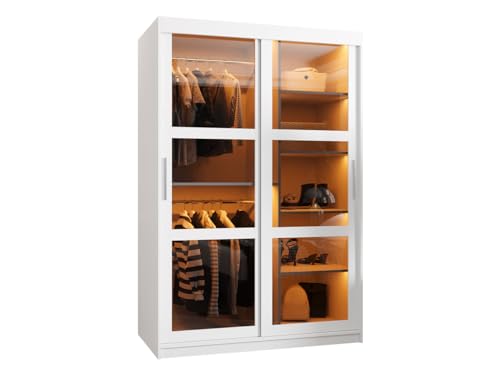Mirjan24 Kleiderschrank Destio mit glastüren, Schwebetürenschrank mit Rauchglas, Schiebetürenschrank mit einlegeböden und Stange, Garderobe (Modell 120, mit Schubladen, Weiß)