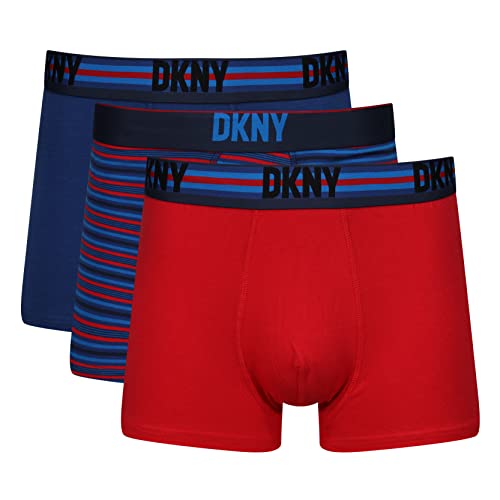 DKNY Herren Mens Cotton Boxer Shorts Boxershorts, Blue/Striped/Red,