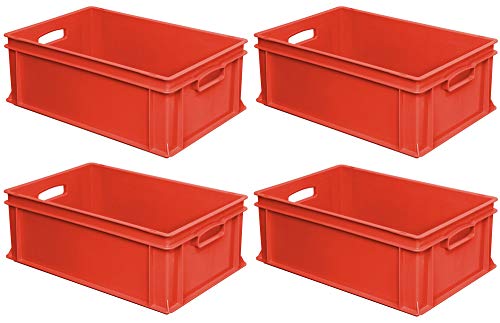 4x Eurobehälter mit 2 Durchfassgriffen, LxBxH 600x400x220 mm, 43 Liter, rot
