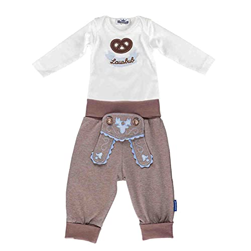 Trachten SET für Lausbuben bestehend aus Baby Body mit langem Arm Motiv "Brezel" mit Stickerei "Lausbub" und Baby Jogginghose Lederhosen Look, braun - ein tolles Geschenk