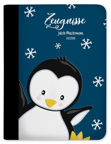 CreaDesign, Z-O-1121-01 Kinder Zeugnismappe mit Namen personalisiert, Motiv Pinguin Blau, A4, 24 x 31 x 1 cm, Rücken schwarz