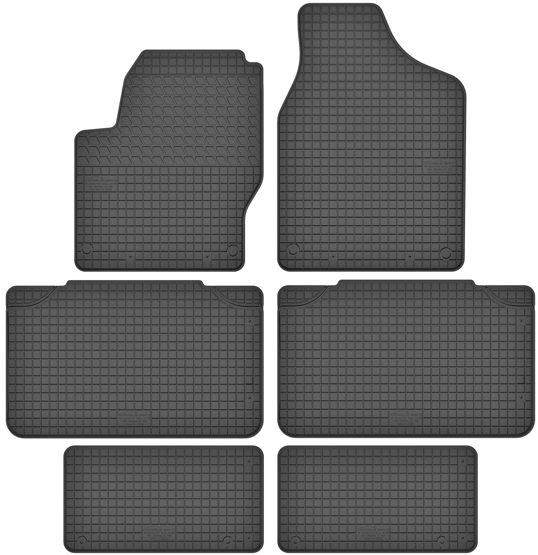 Gummimatten Gummi Fußmatten Satz für Ford Galaxy MK1 (95-06) / VW Volkswagen Sharan I (95-10) / Seat Alhambra I (95-10) - für 7 Personen - Passgenau