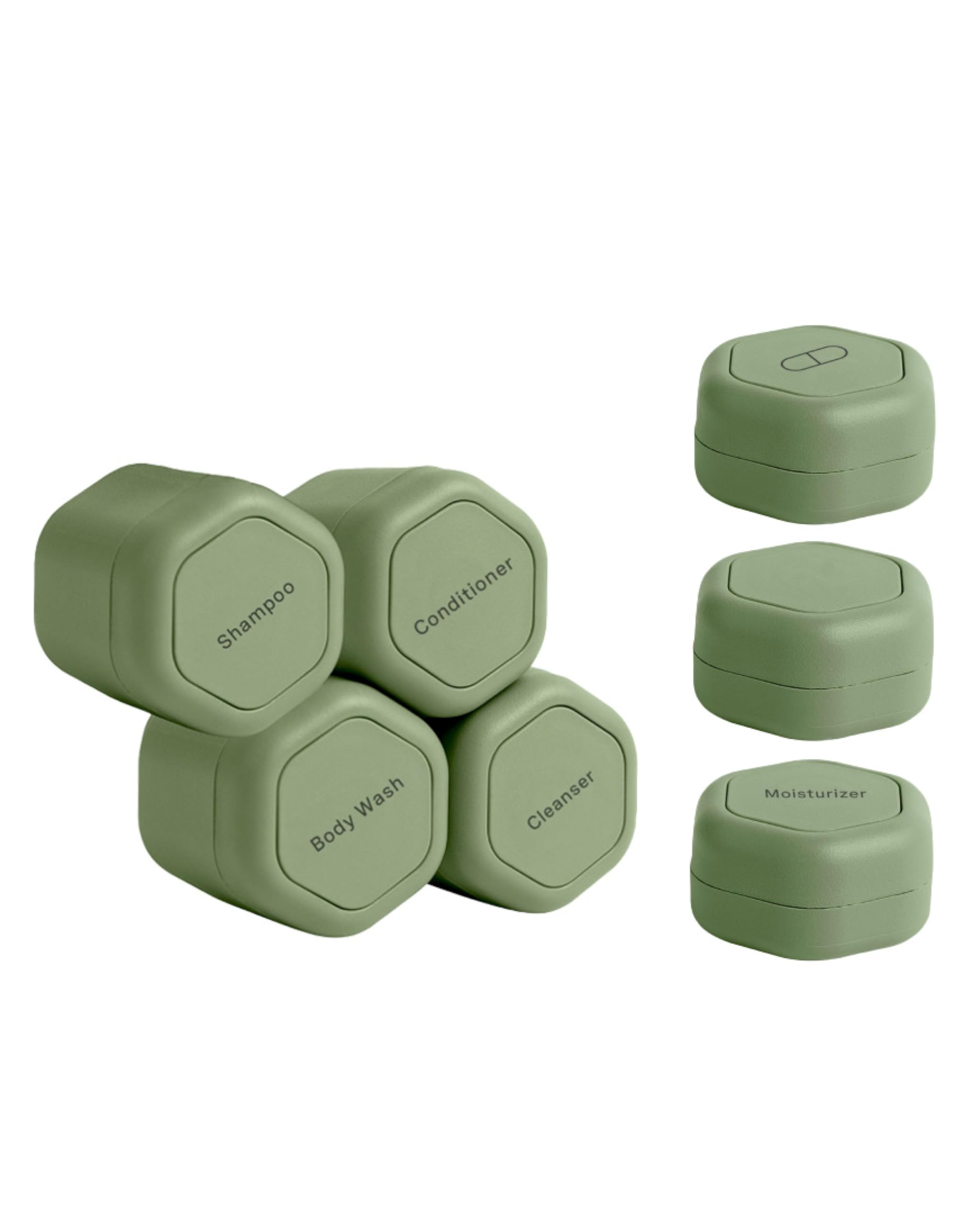 Cadence Reisebehälter – Tagesroutine-Kapsel-Set – Magnetische Reisekapseln – für Shampoo, Conditioner, Duschgel, Pillen und mehr – 4 Flex Medium (37,4 g) & 3 Flex Smalls (15,9 g) – Eukalyptus