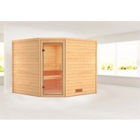 Woodfeeling Sauna Leona mit Eckeinstieg, Glastür klar