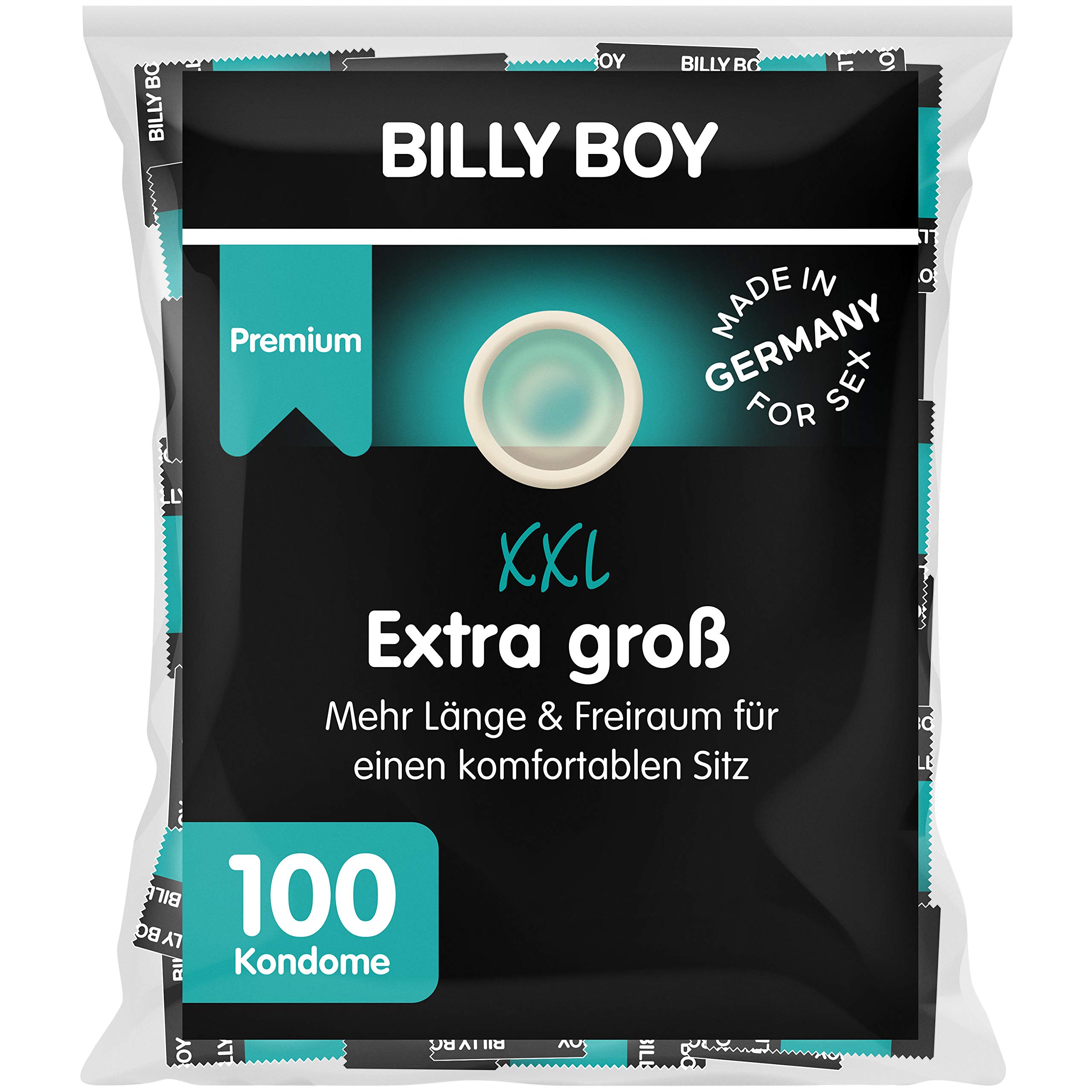 Billy Boy Extra Groß Kondome – extra lang (195mm) & breit (bis zu 62mm), XXL Kondome, transparent, 100-Stück